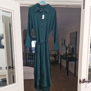 Button-Front Teal Shirt Dress with Tie Waist